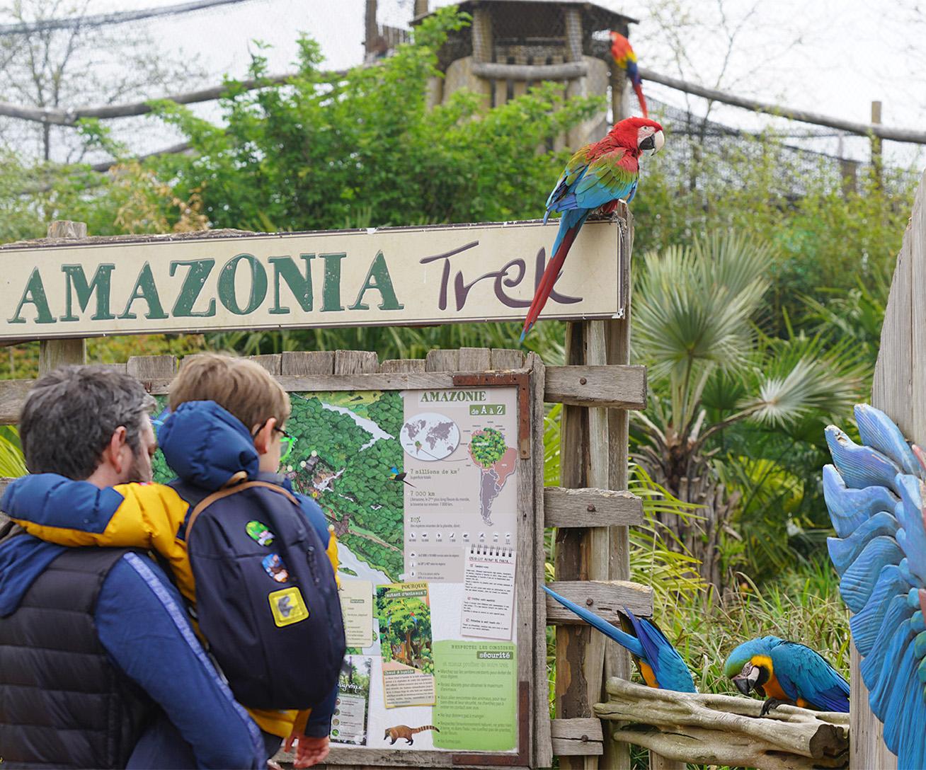 Familie in der riesigen Amazonas-Voliere von Parrot World — frei fliegende Papageien bei Paris