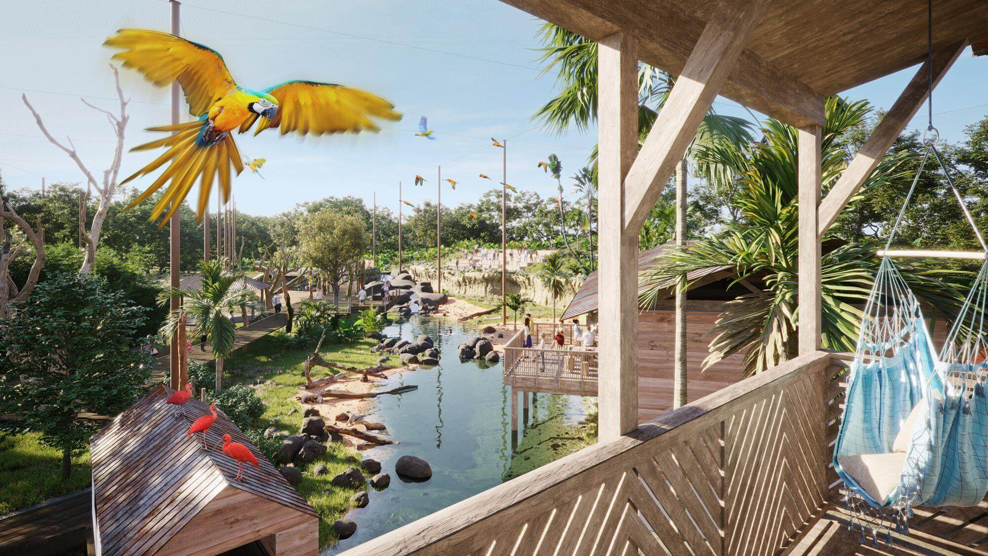 Vue sur la volière des perroquets depuis une lodge Parrot World
