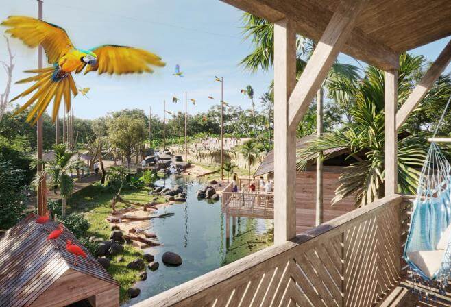 Vue sur la volière des perroquets depuis une lodge Parrot World